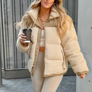 North Face Nuptse Sherpa Puffer Coat in Bleached Sand/Kelp Tan